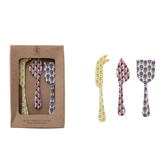 Hazel Mazel Enameled Cheese Knives - Set of 3
