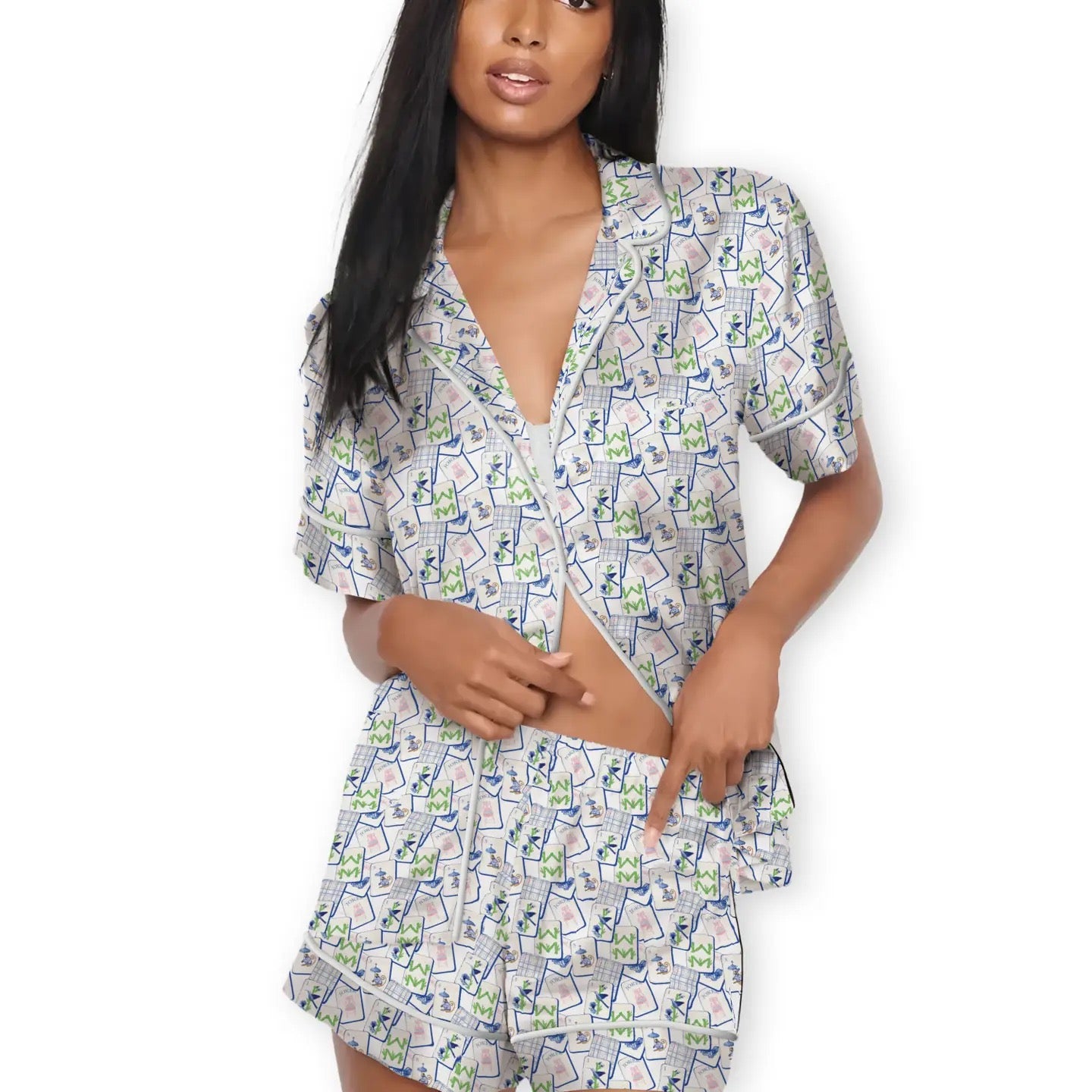Mahjong Pajama Short Set - Blue Tiles