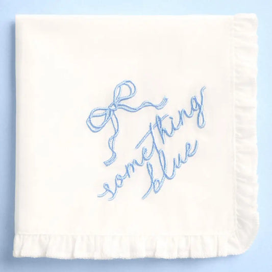 Something Blue embroidered handkerchief — white bridal hanky with blue script embroidery and bow