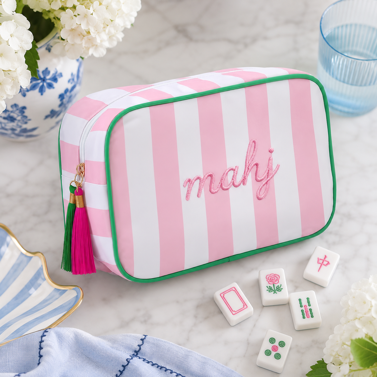 Pink & White Stripe Mahjong Tile Storage Bag with Tassel
