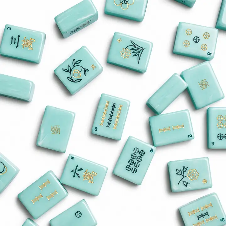 Aqua Tradewind mahjong tiles scattered — bams, dots, flowers, and winds