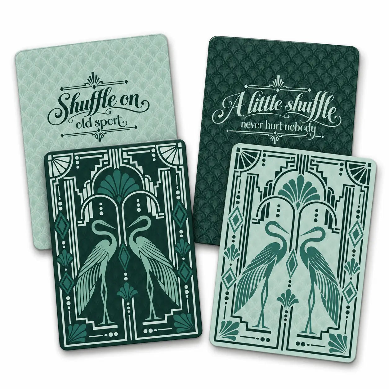 Green Light Gatsby tile shufflers — Art Deco heron cards with 'Shuffle on old sport' and 'A little shuffle never hurt nobody'