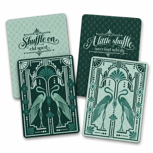 Green Light Gatsby tile shufflers — Art Deco heron cards with 'Shuffle on old sport' and 'A little shuffle never hurt nobody'