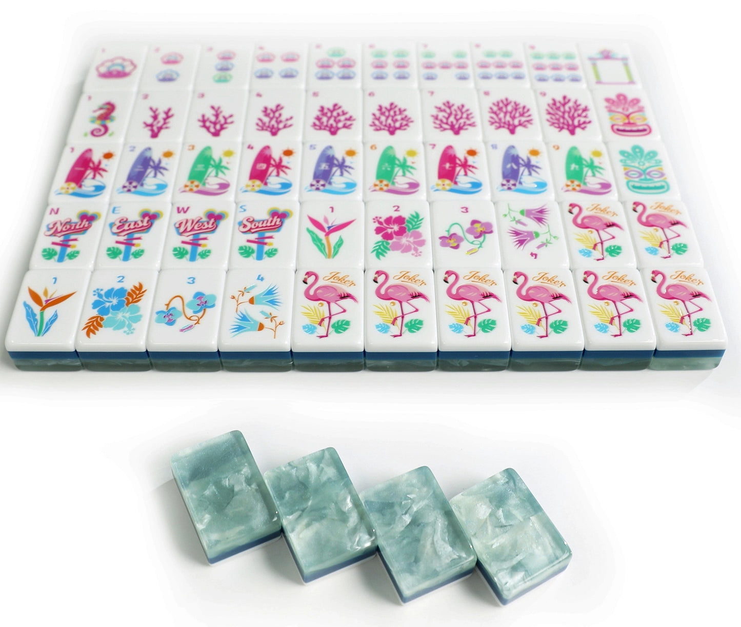 Full Coastal Breeze American mahjong tile set layout with tropical artwork, flamingo jokers and sea-glass aqua backs