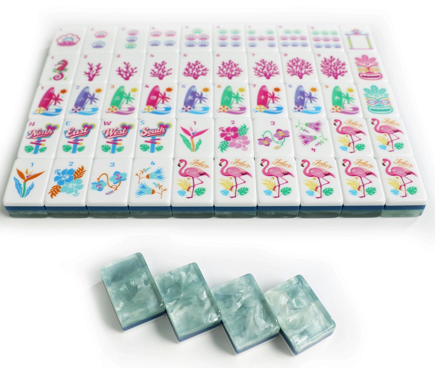 Full Coastal Breeze American mahjong tile set layout with tropical artwork, flamingo jokers and sea-glass aqua backs