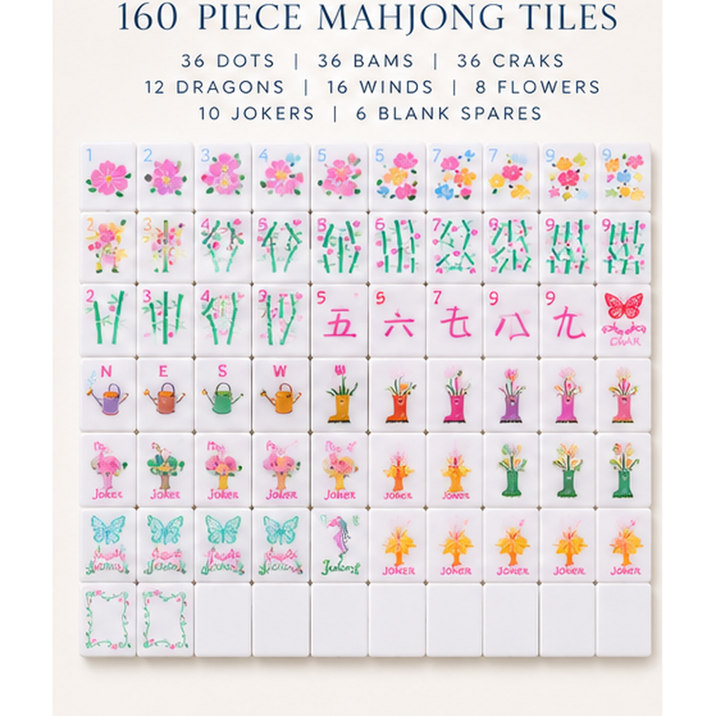 Fairy Garden 160-piece mahjong tile set breakdown chart