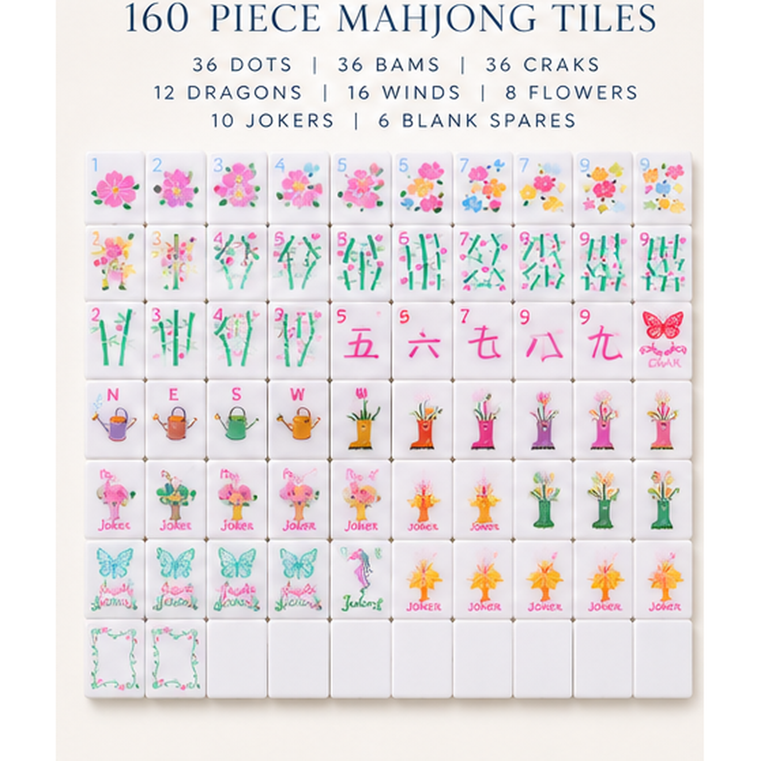 Fairy Garden 160-piece mahjong tile set breakdown chart