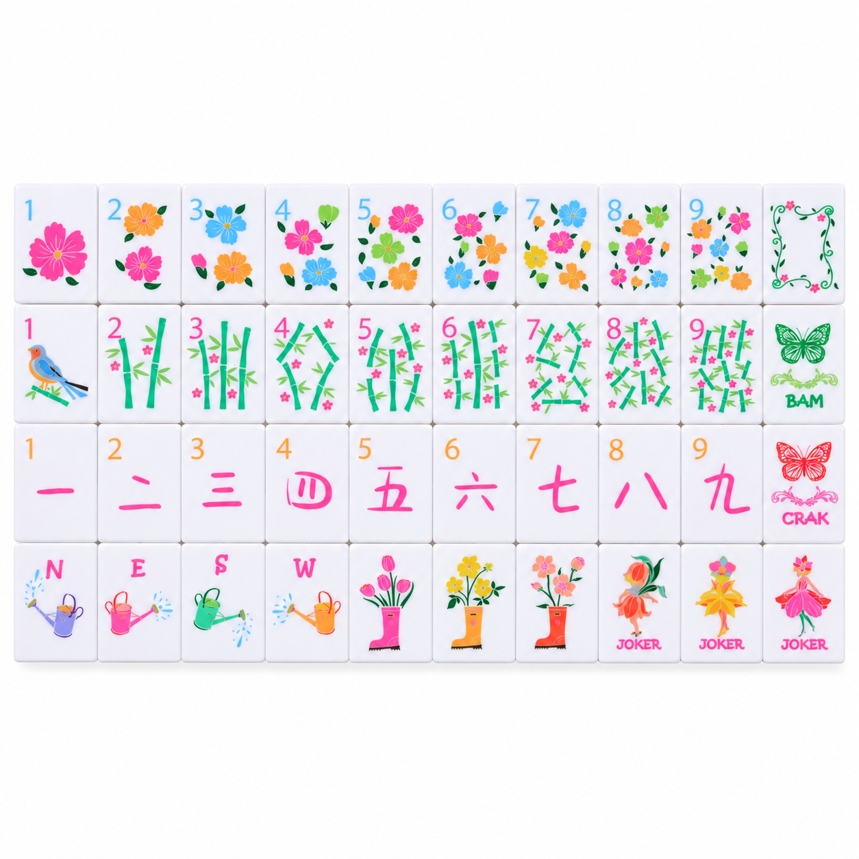 Fairy Garden mahjong tiles by suit — flower dots, bamboo bams, pink cracks, watering-can winds, boot flowers and fairy jokers