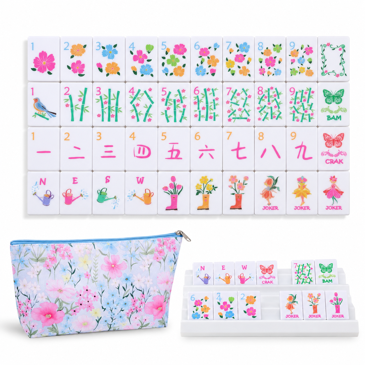 Fairy Garden travel mahjong set — tiles, zippered floral storage bag and tiles on rack