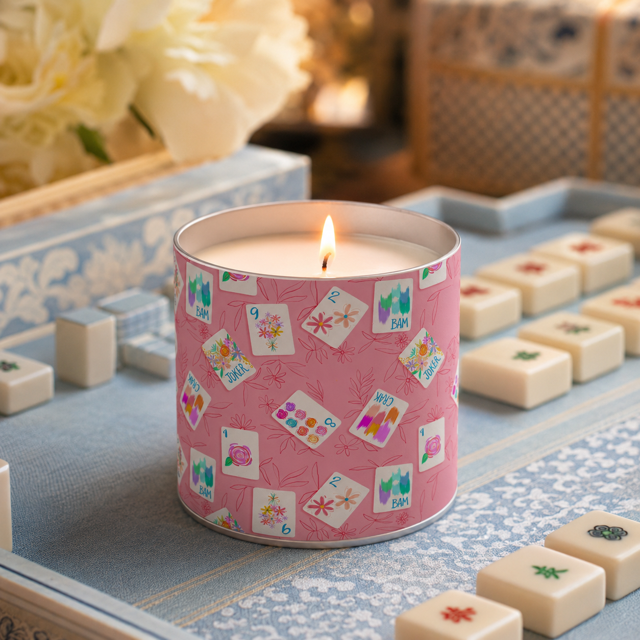 Mahjong Candle - Pink Mahjong Candle with Tile Design