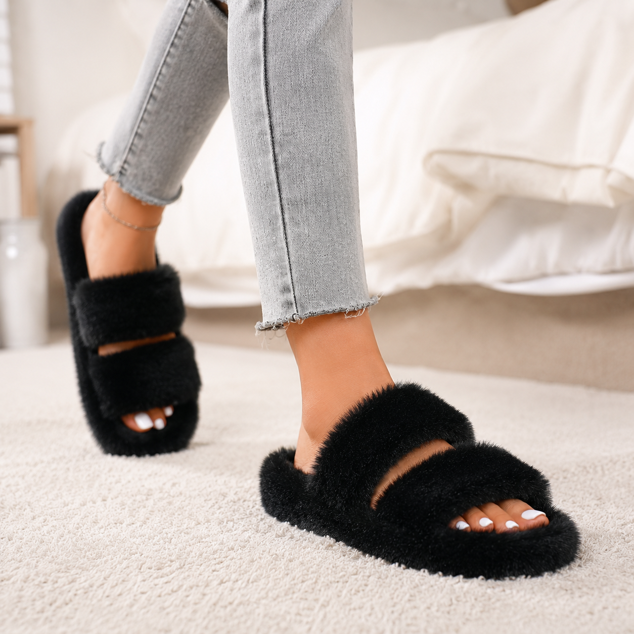 Cloud Fur Double Strap Slippers