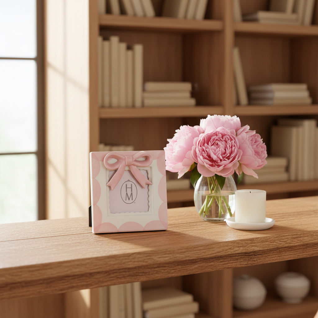 Hazel Mazel Stoneware Frame - 3D Pink + White Bow