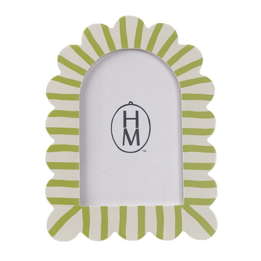 Hazel Mazel striped scalloped picture frame in cream and green with arched top