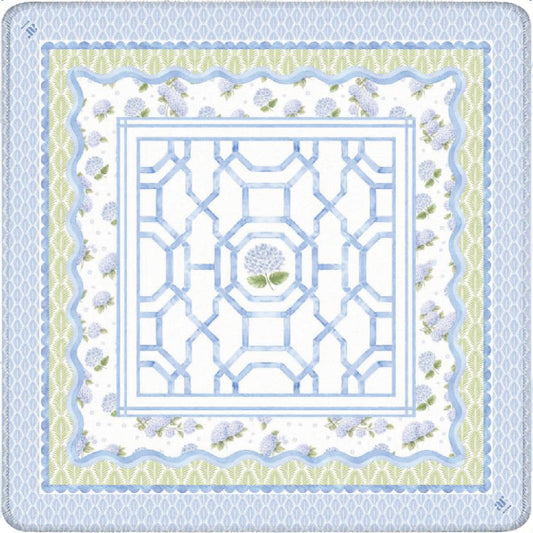 The House of Hydrangea Mahjong Mat — blue and white lattice mahjong game mat with hydrangea florals and scalloped borders