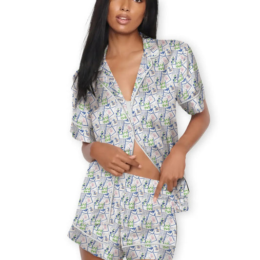 Blue Tiles Mahjong Pajama Short Set | Summer