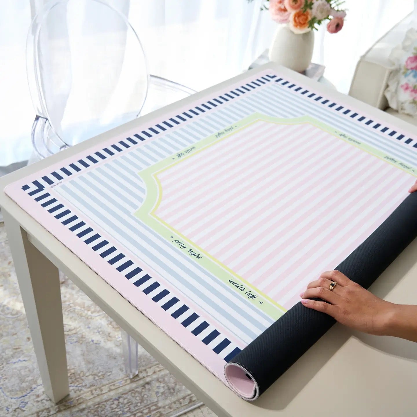 Cabana Stripe mahjong mat — 33 inch cushioned microfiber playing surface