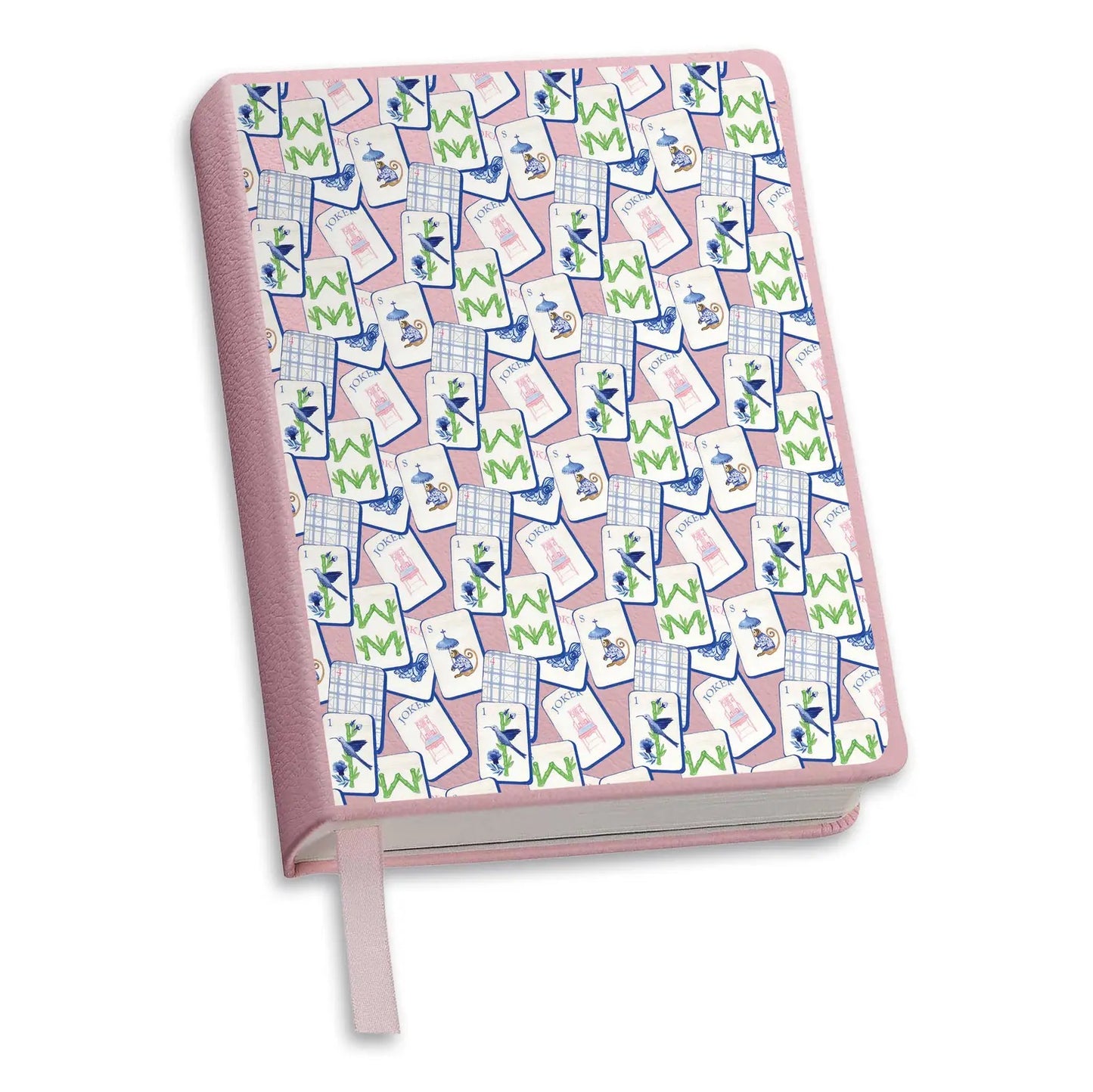 Mahjong Journal — pink vegan leather journal with illustrated mahjong tile pattern cover