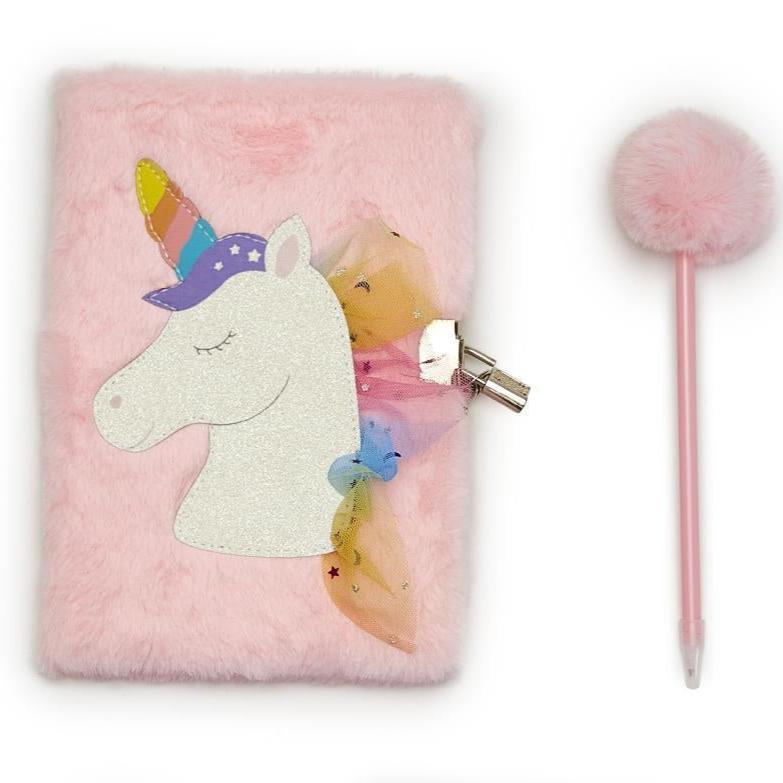 Glitter Unicorn Journal with Lock and Pop Pom Pen