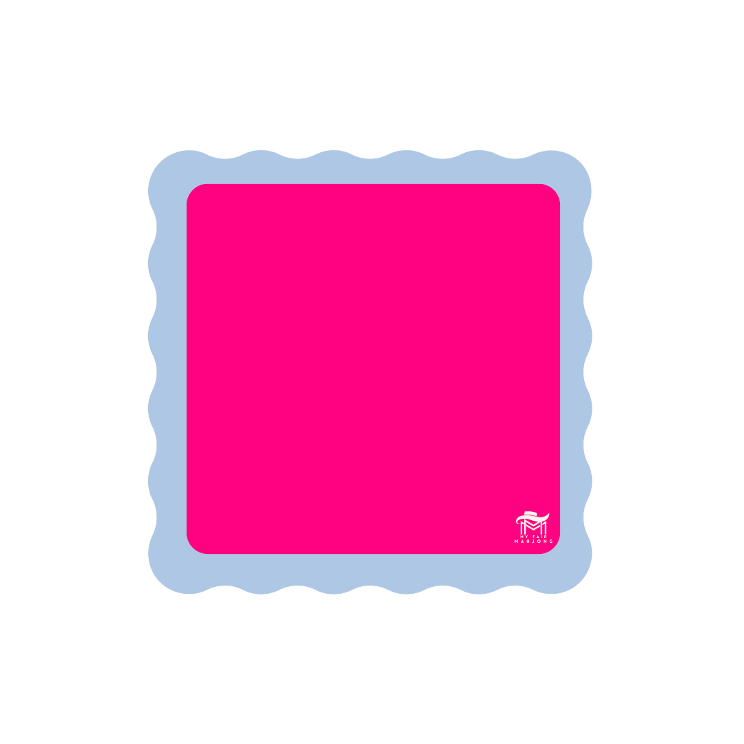 Color Wave scalloped mahjong mat — pink center with blue scalloped edge