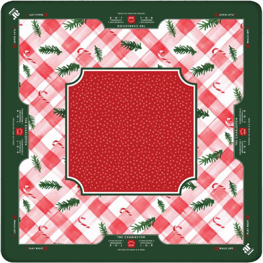 Candy Cane Lane Christmas Mahjong mat with pink gingham, candy canes, evergreen sprigs and red center
