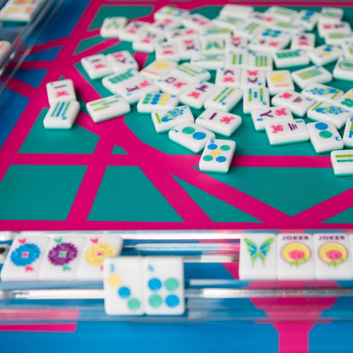 The Garden mini travel mat in teal and pink — reversible neoprene mahjong mat