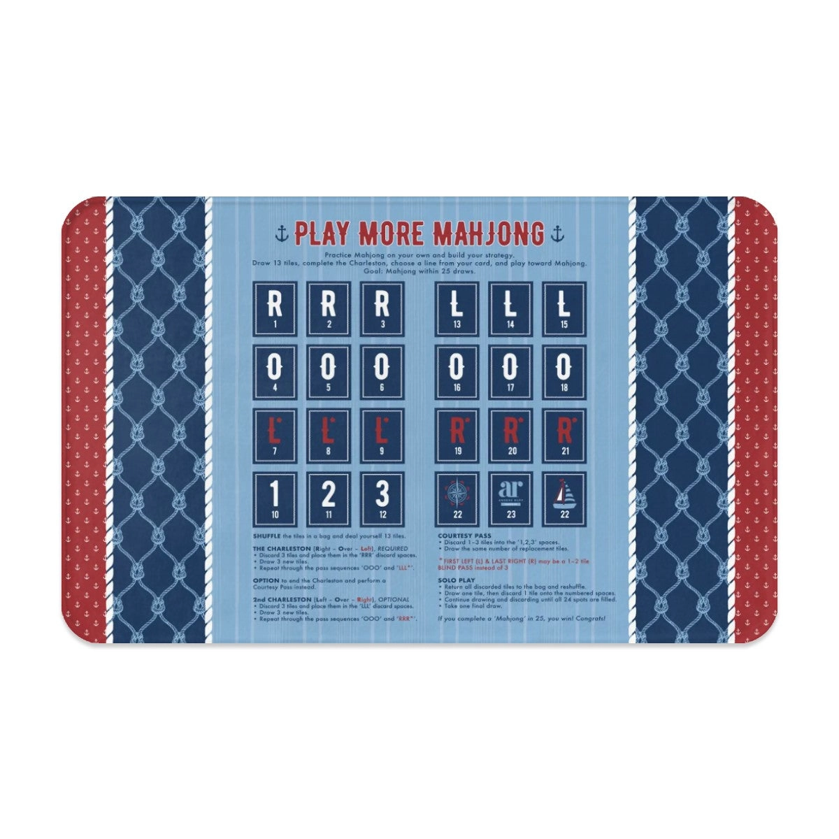 Harbor House solo play mahjong mat — coastal-blue nautical design with rope knots and red anchors
