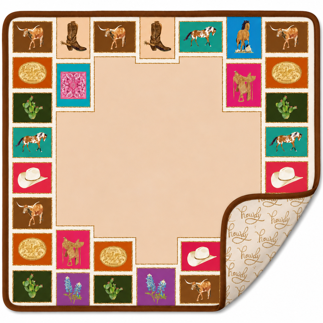 Out West 33-inch Western American Mahjong mat with horses cowboy hats and cactus