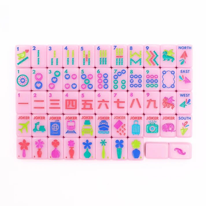 Pink Go Anywhere mini travel mahjong set: full tile layout of suits, winds, jokers, flowers and blanks