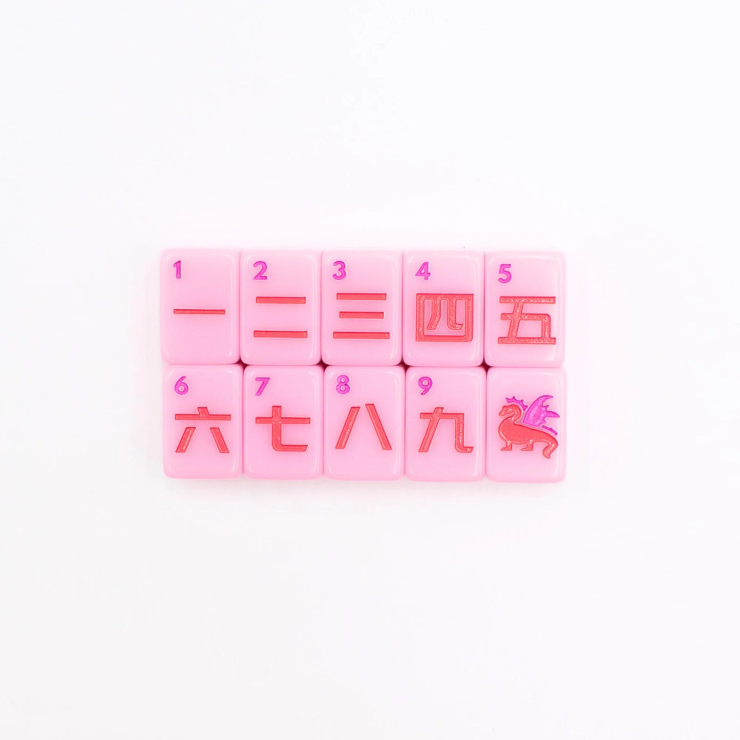 Pink Go Anywhere mini mahjong character tiles 1 through 9 with red dragon