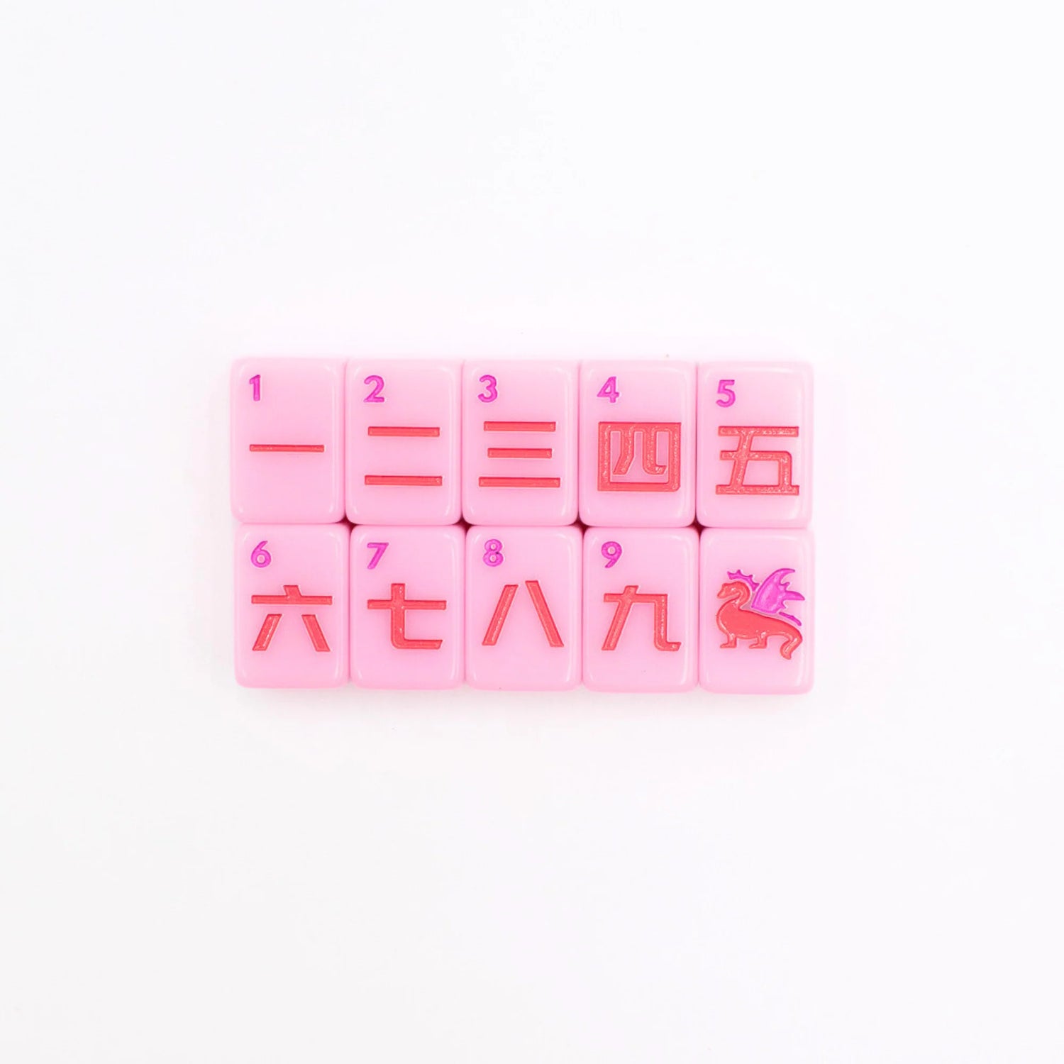 Pink Go Anywhere mini mahjong character tiles 1 through 9 with red dragon