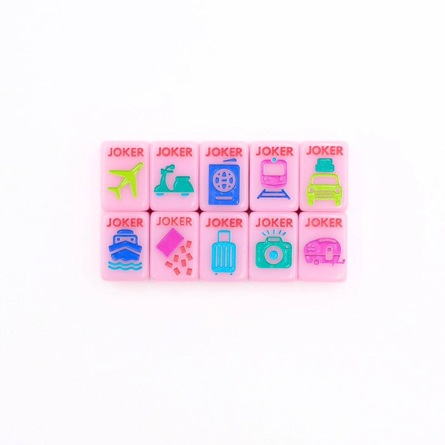Pink Go Anywhere mini travel mahjong set: all ten travel-themed joker tiles in a grid
