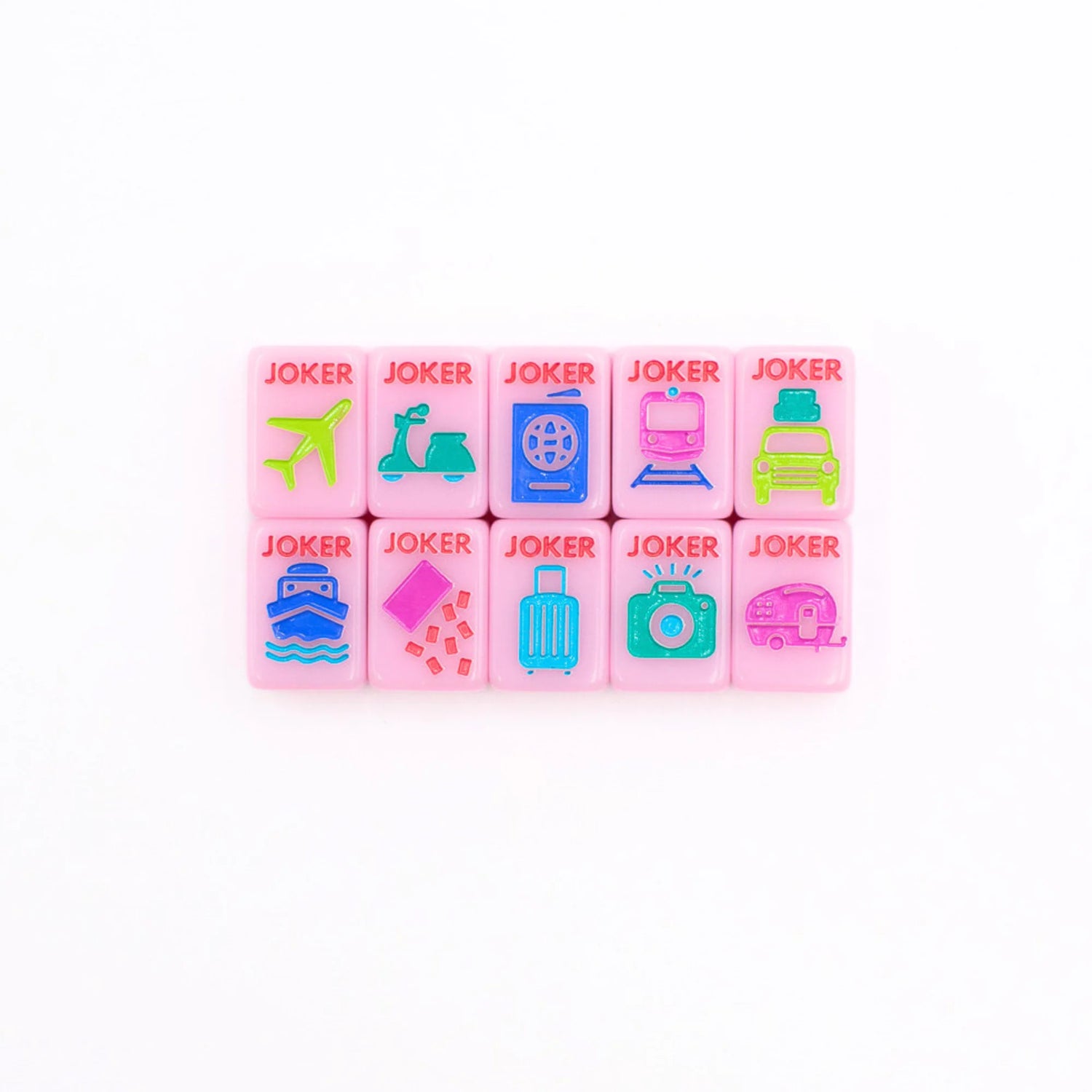 Pink Go Anywhere mini travel mahjong set: all ten travel-themed joker tiles in a grid