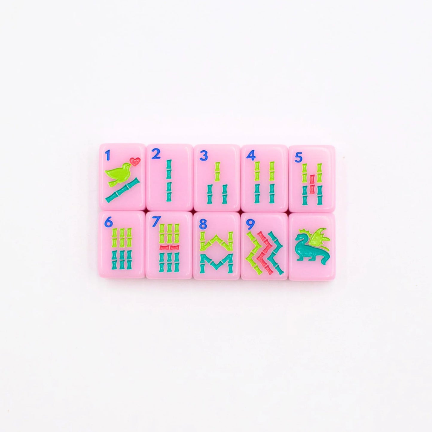 Pink Go Anywhere mini mahjong bamboo tiles 1 through 9 with green dragon