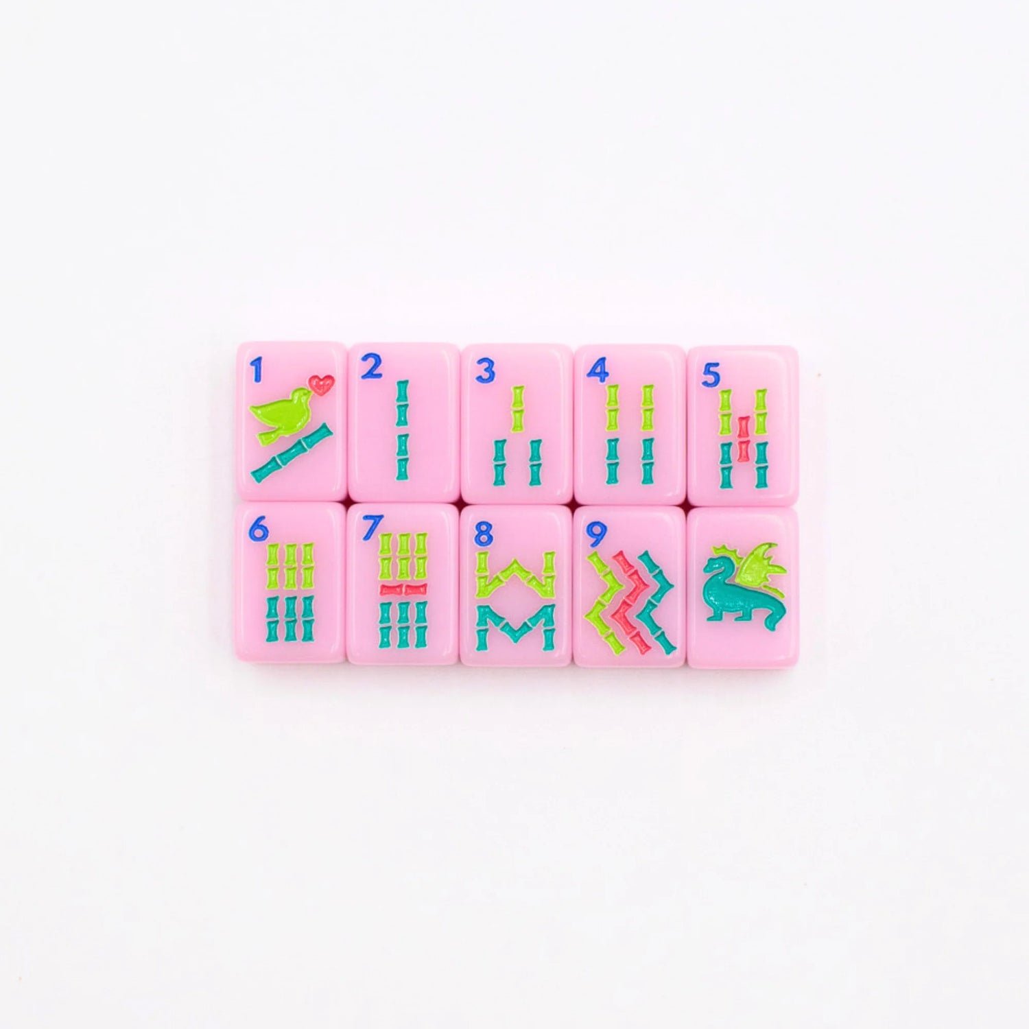 Pink Go Anywhere mini mahjong bamboo tiles 1 through 9 with green dragon