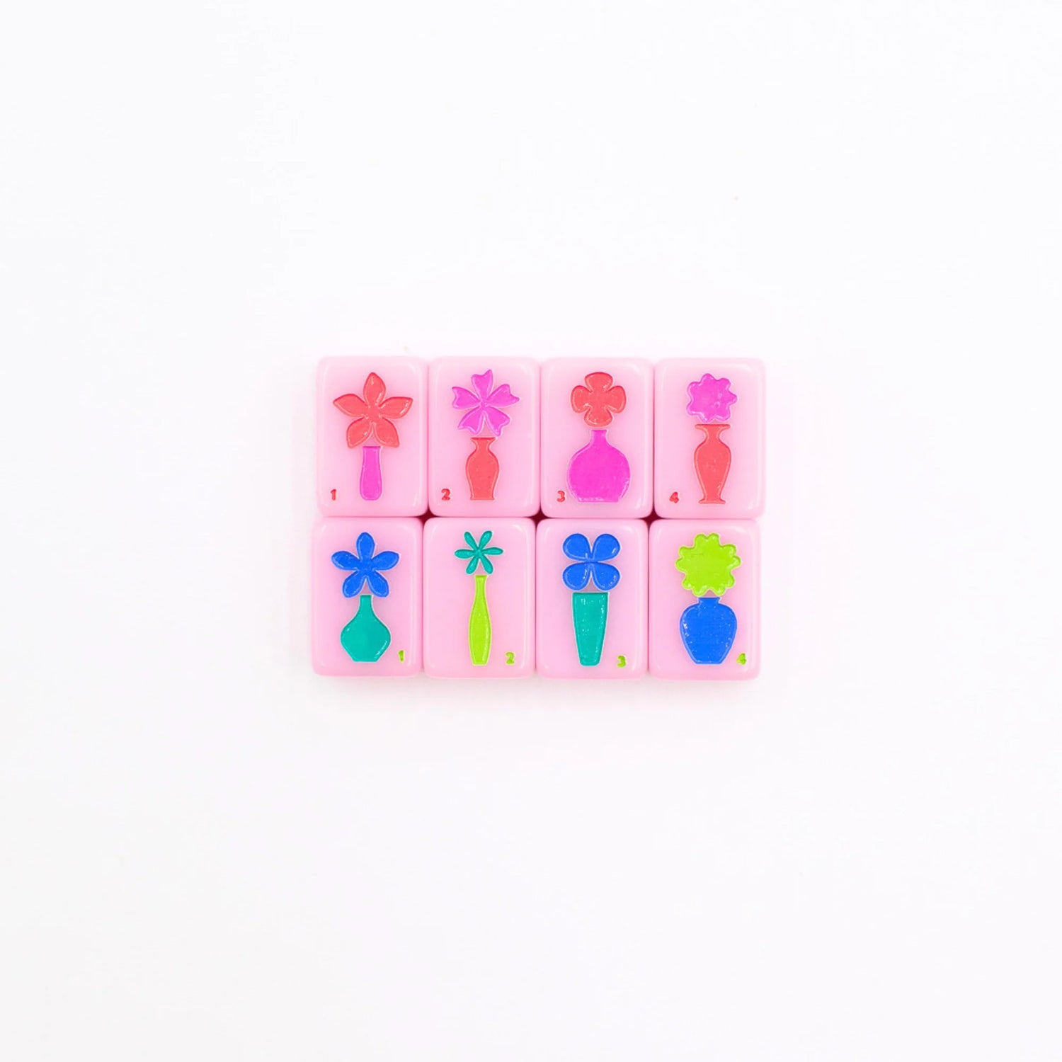 Pink Go Anywhere mini travel mahjong set: eight colorful flower tiles