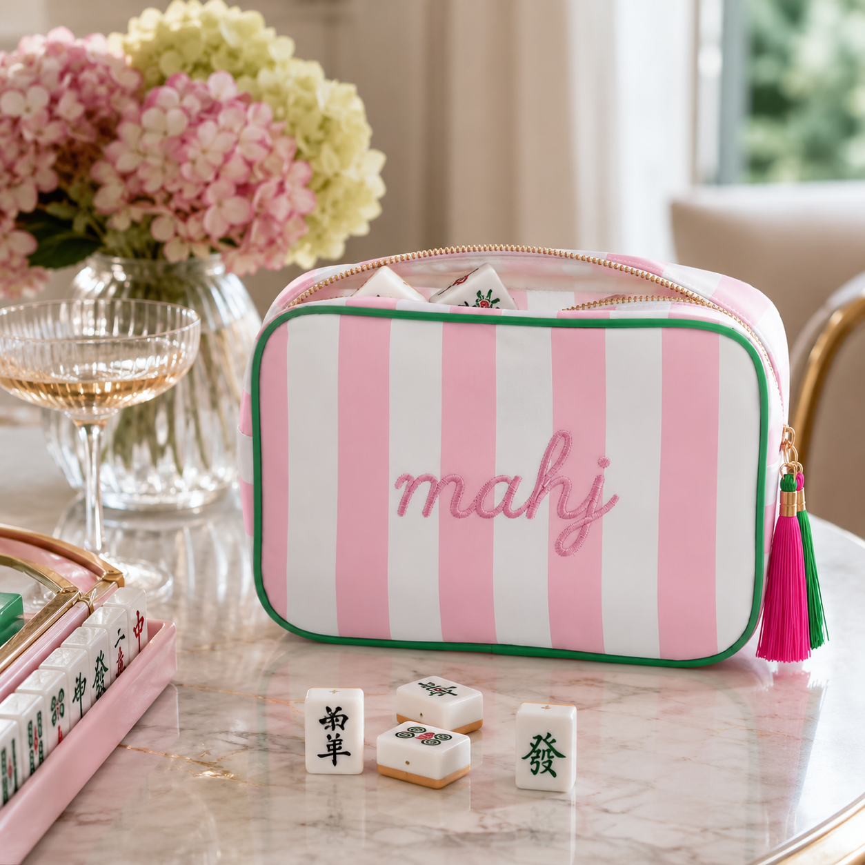 Mahjong Tile Storage Bag Pink and White Stripe with Tassle