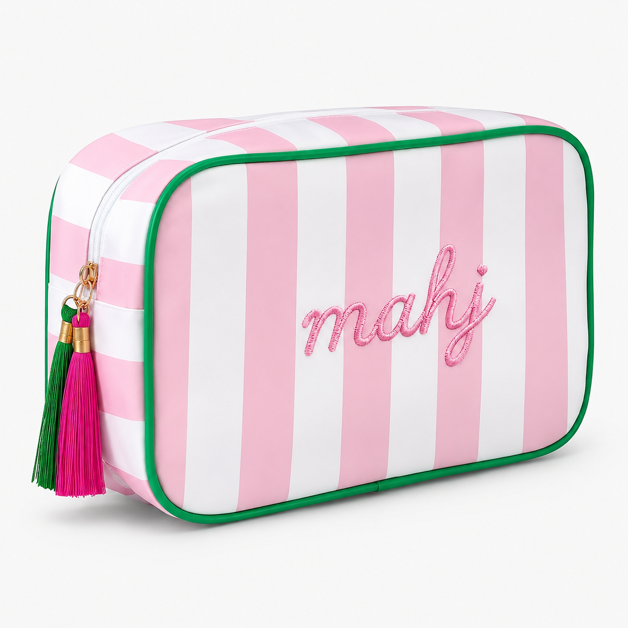 Mahjong Tile Storage Bag Pink and White Stripe with Tassle