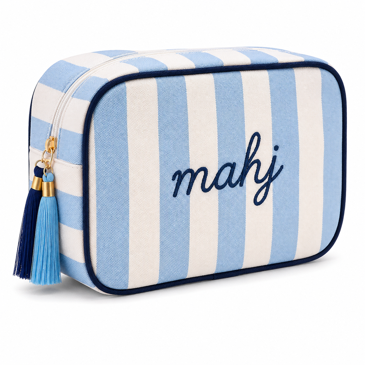 Blue & White Stripe Mahjong Tile Storage Bag with Tassel