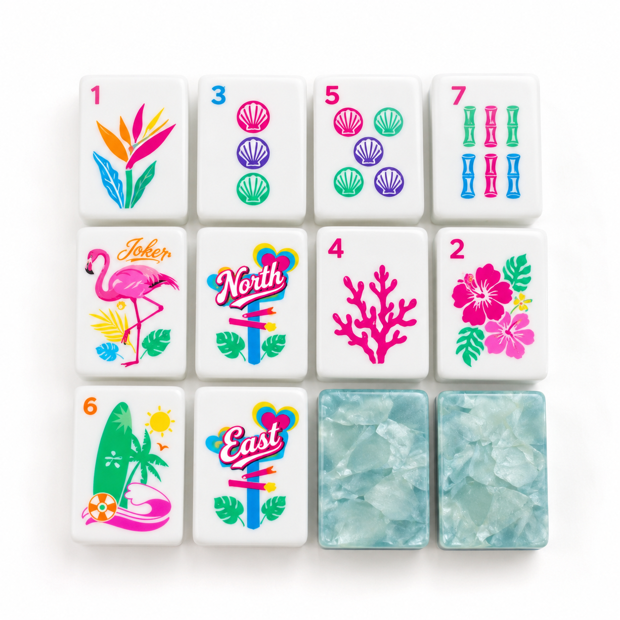 Coastal Breeze tile sampler: bird of paradise, shell dots, flamingo joker, winds, coral, hibiscus, surfboard, sea-glass backs