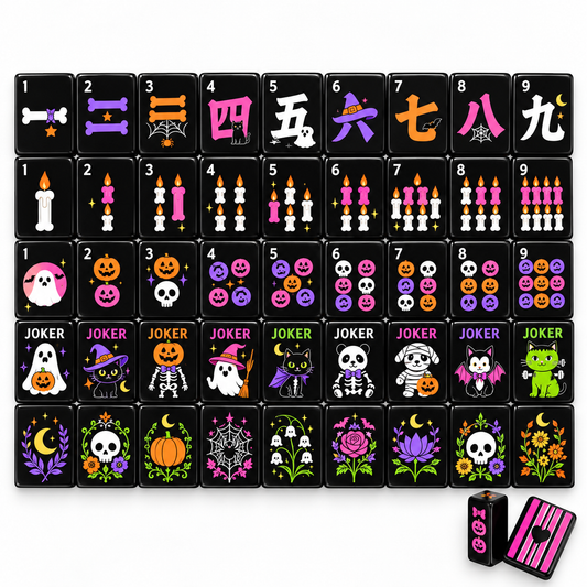 Spooky Halloween mahjong tile faces — bones, candles, ghosts, pumpkins, and costumed character jokers
