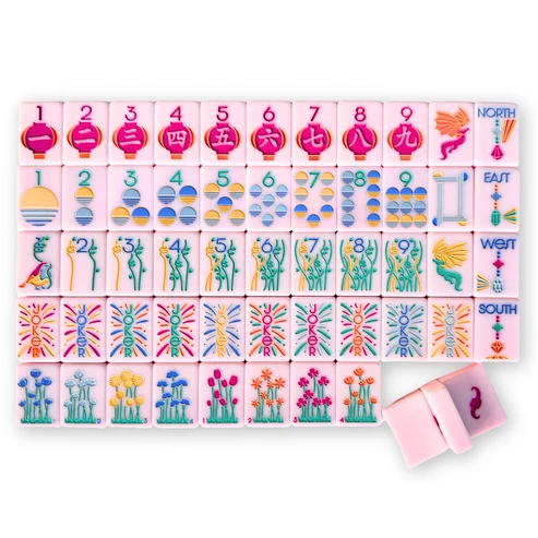 Lumera Series light pink American Mahjong tile set with colorful engraved designs