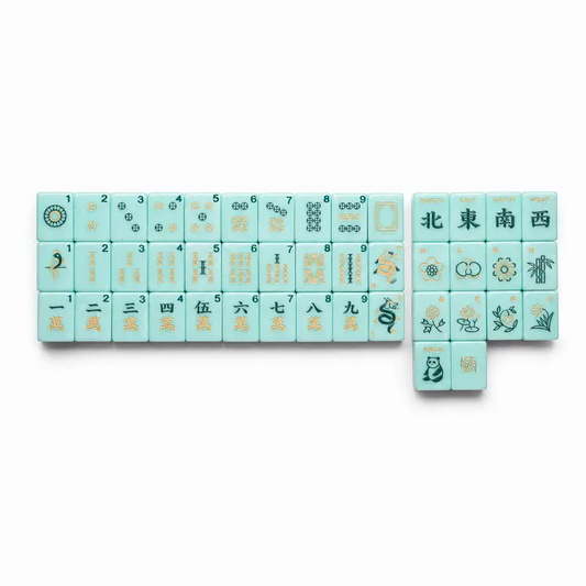 Aqua Tradewind mahjong tiles — full 160-tile lineup with dots, bams, craks, winds, and flowers