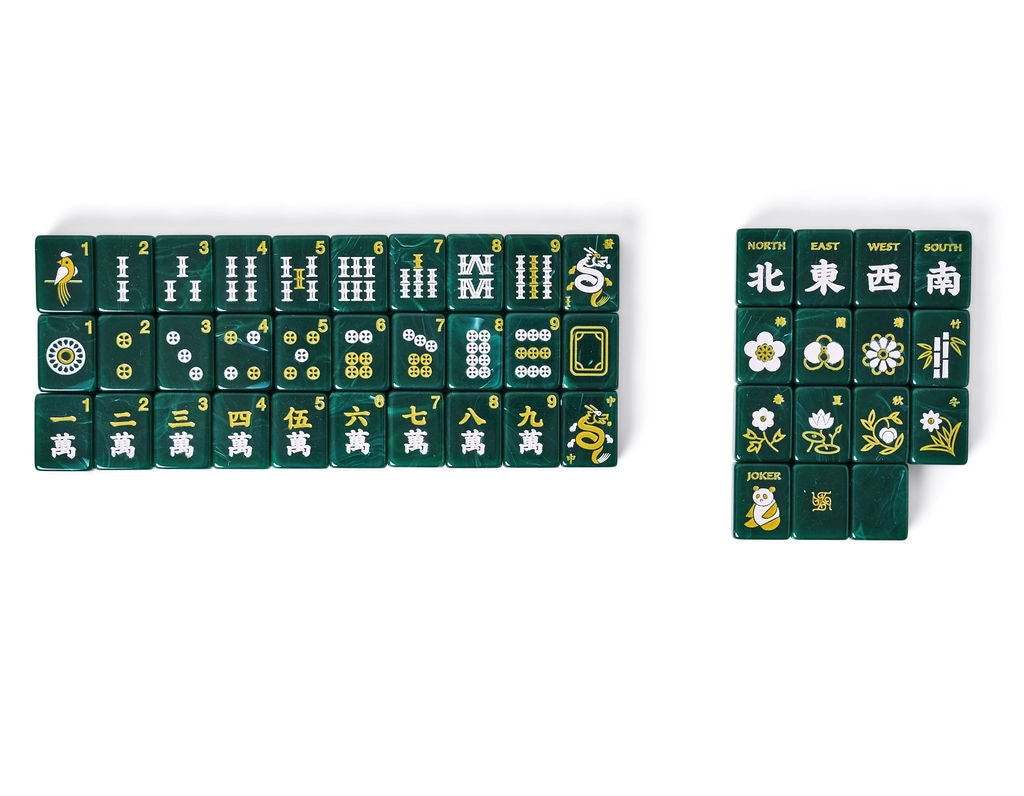 Emerald Tradewind mahjong tiles — full 160-tile lineup with dots, bams, craks, winds, and flowers