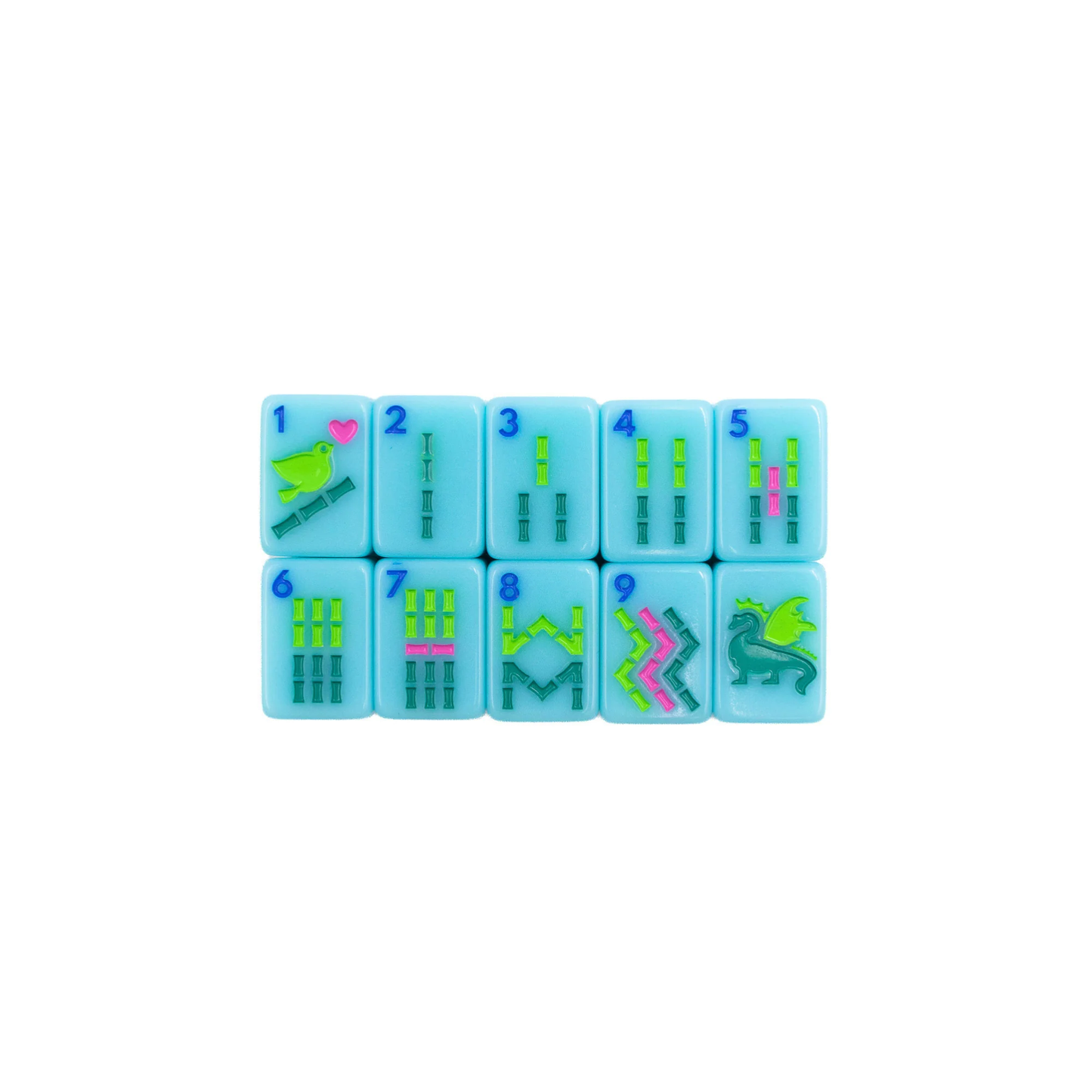Blue Go Anywhere mini mahjong bamboo tiles 1 through 9 with green dragon