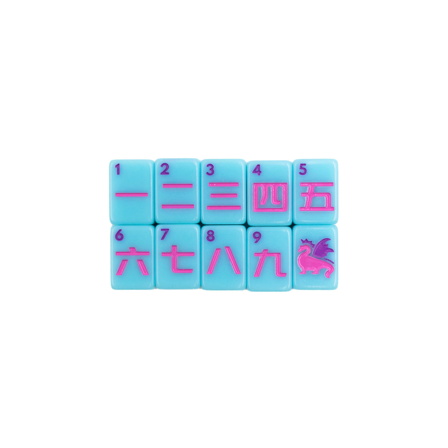 Blue Go Anywhere mini mahjong character tiles 1 through 9 with red dragon