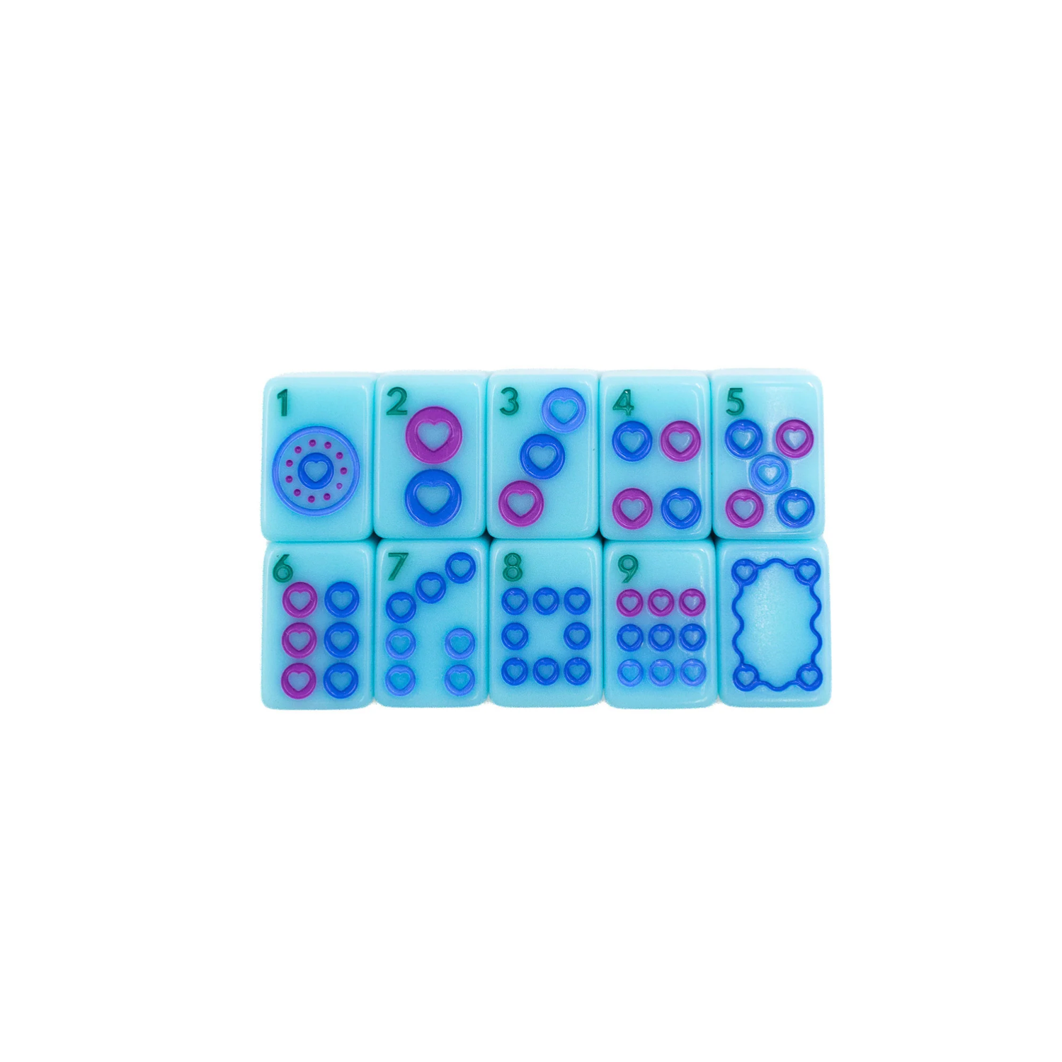 Blue Go Anywhere mini mahjong dot tiles 1 through 9 with soap tile