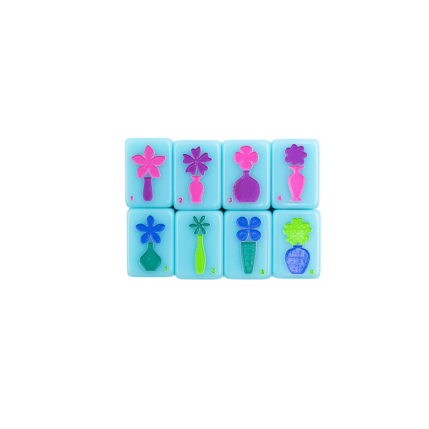 Blue Go Anywhere mini travel mahjong set: eight colorful flower tiles