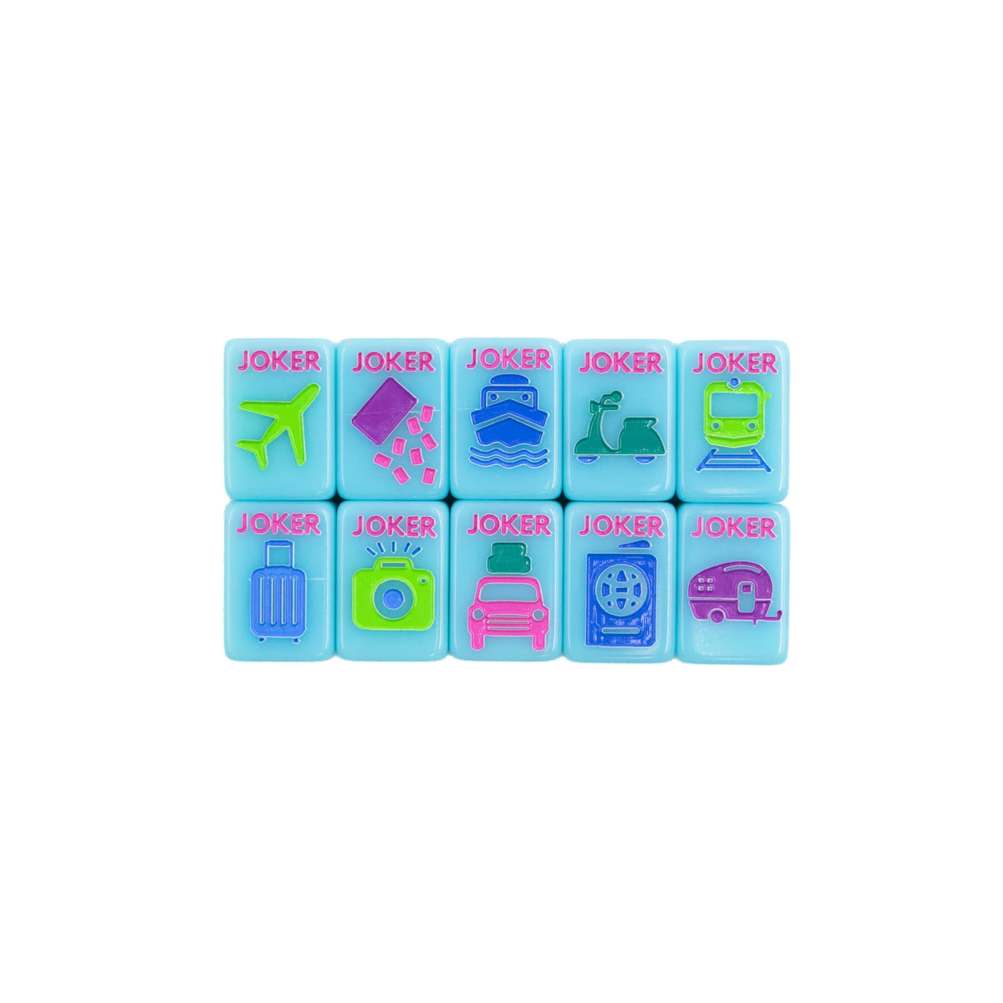 Blue Go Anywhere mini travel mahjong set: all ten travel-themed joker tiles in a grid