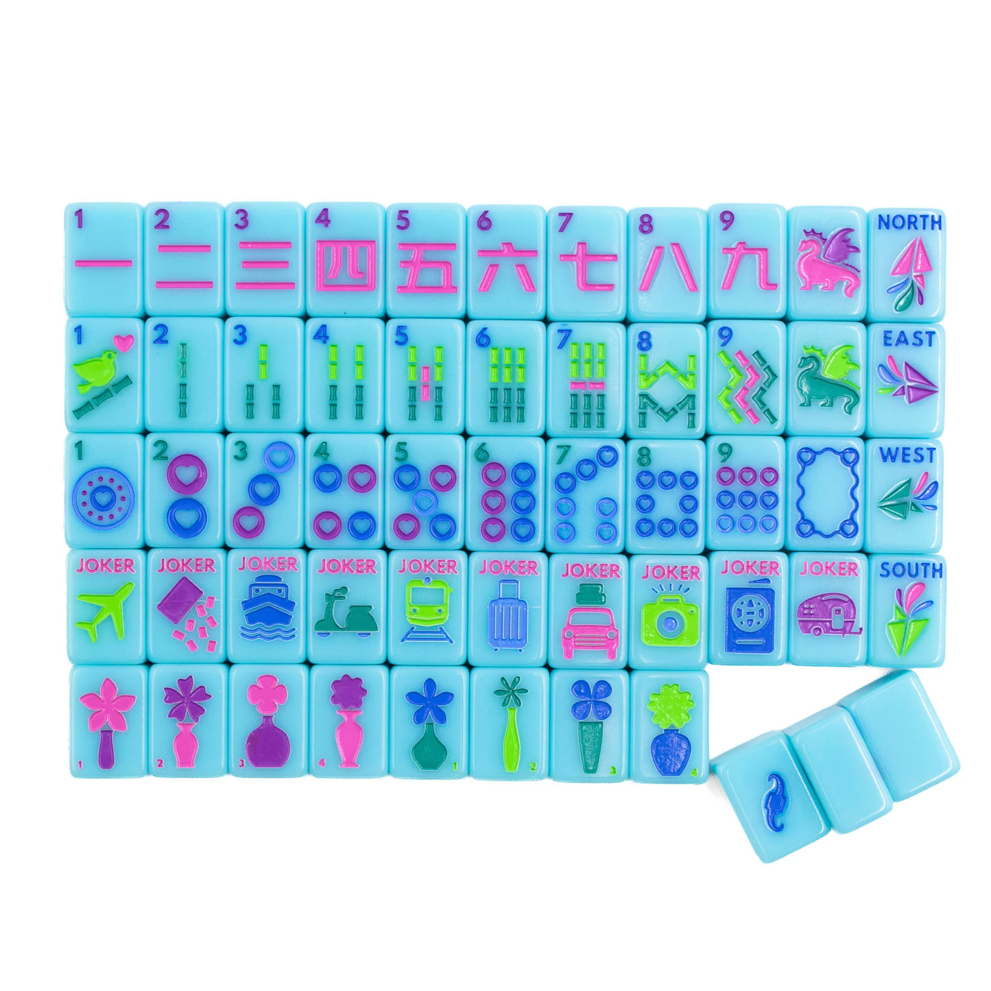 Blue Go Anywhere mini travel mahjong set: full tile layout of suits, winds, jokers, flowers and blanks