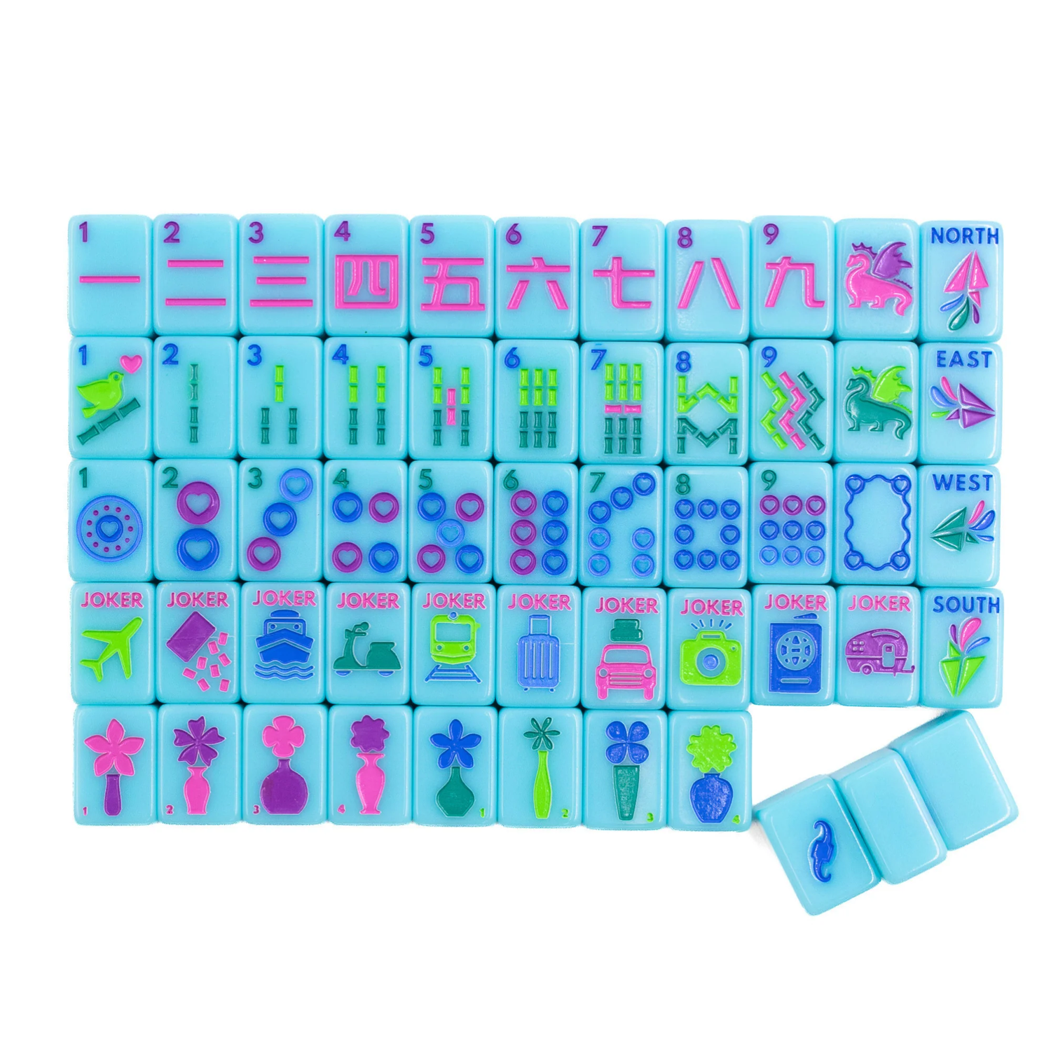 Blue Go Anywhere mini travel mahjong set: full tile layout of suits, winds, jokers, flowers and blanks